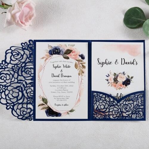 50pcs Blue Laser Cut Hollow Rose Wedding Invitations Cards with Pearlized Pockets and Envelopes for Wedding Bridal Shower