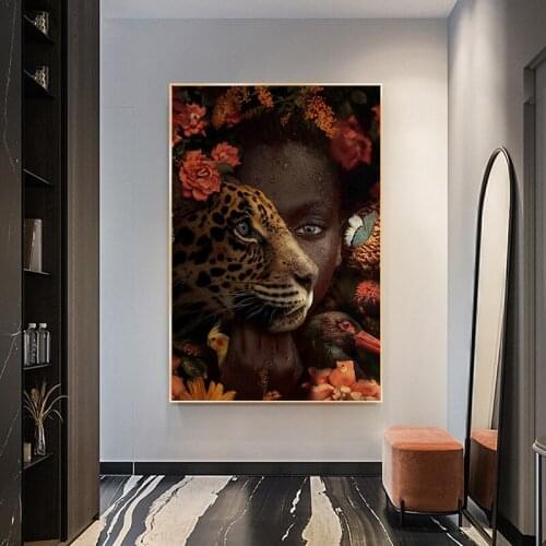 African Black Woman With Animals Tiger Wall Art Print Canvas Painting Nordic Poster Picture for Living Room Modern Home Decor