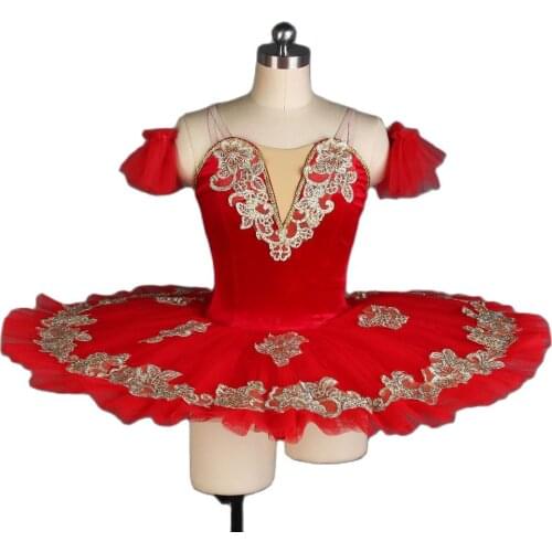 All For Dance Red Velvet Bodice With Gold Trim Pre-professional Ballet Pancaked Dance Costume Ballerina Dance Tutu