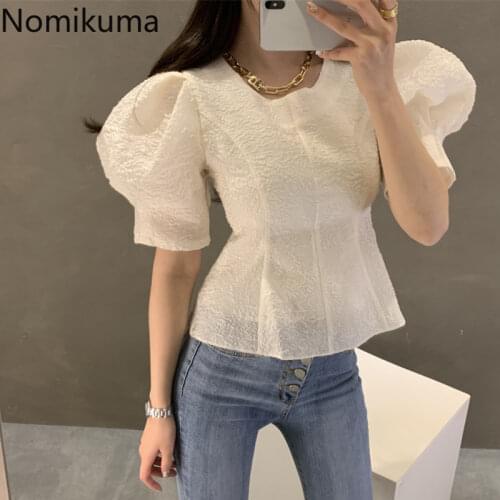 Nomikuma Blouse Women Korean Puff Short Sleeve O-neck Shirt 2021 Spring Slim Waist Tops Jacquard Elegant Blusas Feminimos 6F430