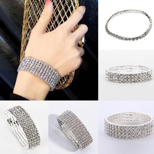 Fashion Rhinestones Charm Bracelet For Women Girls Stretch Elastic Bangles Silver Color Bracelet Accessories Jewelry