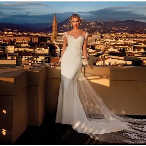 Elegant Cap Sleeve Satin Wedding Dress Sweetheart Mermaid Illusion Back Appliques Summer Beach Garden Bridal Gowns