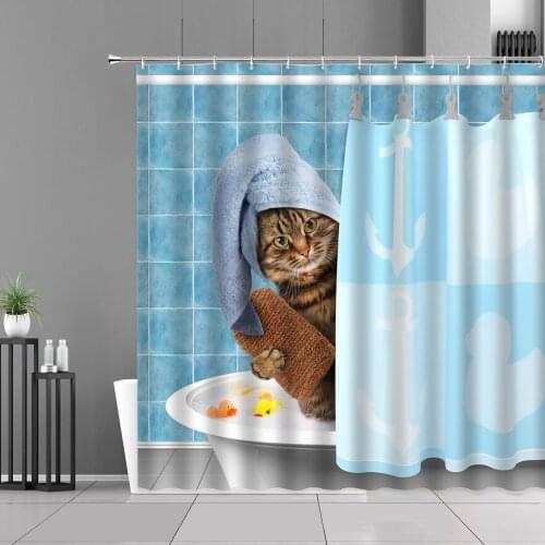 Cute And Funny Bath Cat Shower Curtain Set Animal Waterproof Curtain Home Bathroom Decoration Screen Polyester Fabric With Hooks