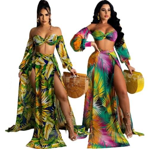 Fashion Leaf Print Two-piece Suit Breast Wrap Bandage Crop Tops High Waist Split Beach Maxi Skirt 2pc Set 2 Colors New Arrivals