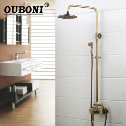 OUBONI Antique Brass Flexible Retro Vintage Brass Wall Mount 8 inches Shower Head Control Valve Hand Sprayer Bathroom Shower Set