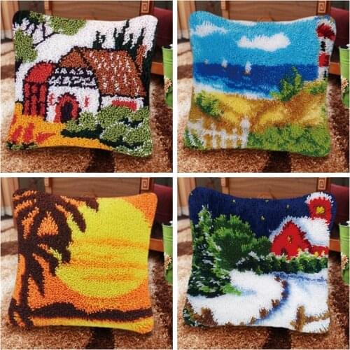 Landscape Latch Hook Kit Pastoral Woolens Mixture Textile European And American Style Embroidery Package Pillow Latch Hook Diy