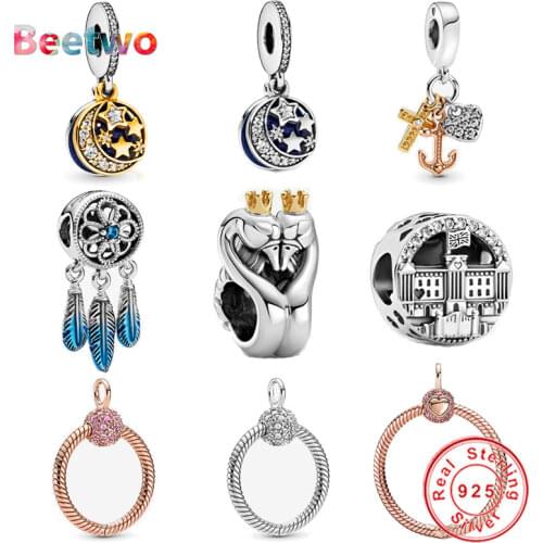 Fit Original Pandora Bracelet Charm 925 Sterling Silver Moon & Blue Sky Dangle CharmBead Silver 925 Women Jewelry Berloque