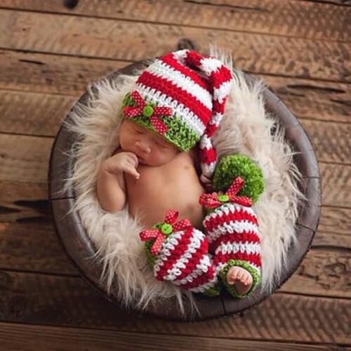 Christmas Newborn Photography Props Girls Boys Wool Red Green Christmas Hat+Legging Crochet Knit Costume Baby Photography Prop