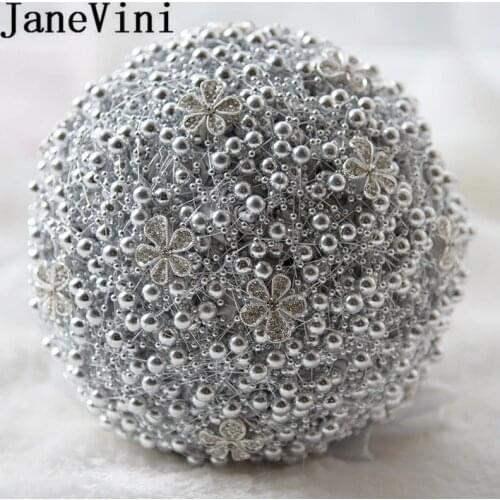 JaneVini Silver Pearls Rhinestone Wedding Bouquet Luxury Crystals Artificial Rose Bridal Bouquets Bride Ramo Novia Para Lanzar
