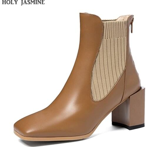 2021 Womens Shoes Women Black/Brown Boots Chunky High Heels Short Ankle Boot Square Toe High Quality Grace Autumn Size 33-40