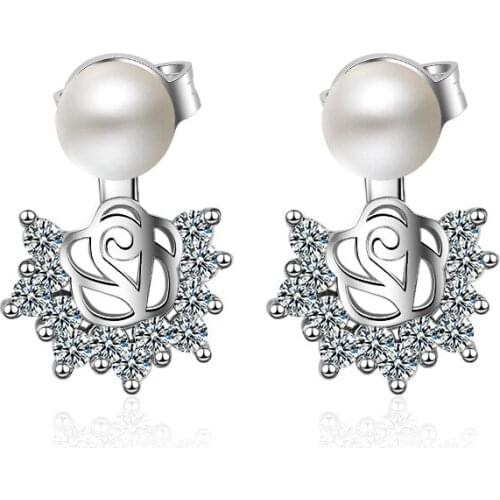 Hot Sale Wholesale New Design Rose flower Shiny Zircon Pearl 925 Sterling Silver Stud Earrings for Women Girls Jewelry Gift