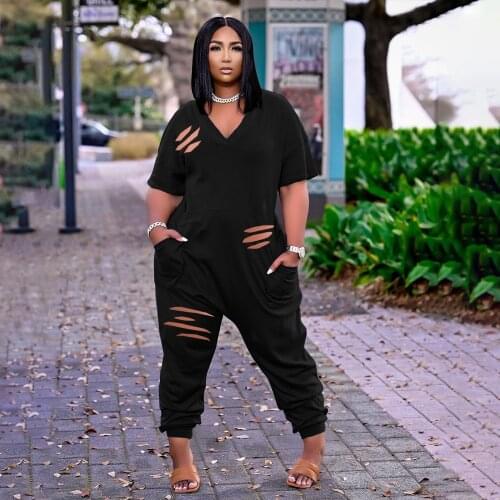 Casual Cut Out Hole Loose Rompers Womens Jumpsuit Summer Deep V Neck Short Sleeve Long Bodysuit High Street Pockets Playsuit New