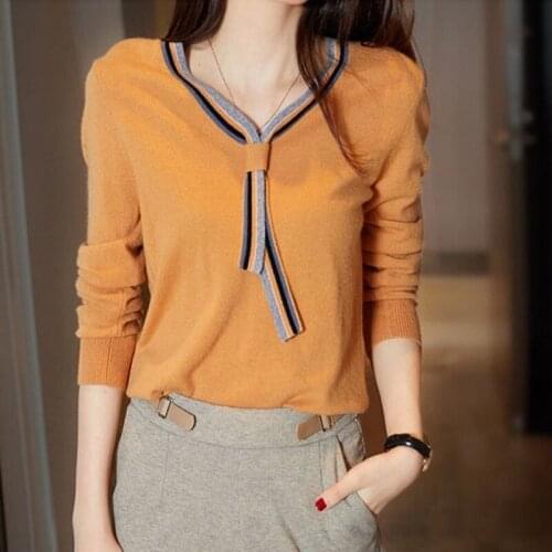 TuangBiang Knitted Lace Up V-Neck Women Long Sleeve Sweaters 2021 Autumn Winter Elastic Pullovers Ladies Fashion Striped Jumpers