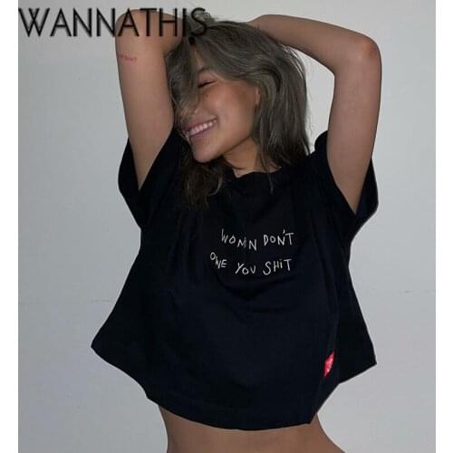 WannaThis Letter Printing Crop Top For Woman Cotton Short Sleeve O-Neck Minimalist Casual Loose Cute E-Girl Women Summer 2021Tee