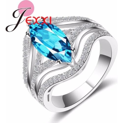 Nice Cubic Zirconia Blue Crystal Ring New Fashion Hollow Band Real 925 Sterling Silver Jewelry Women Wedding Party Ring
