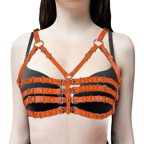 Lingerie Leather Bondage Bra Pink Straps Back Crop Tops Goth Punk Metal Rivet Party Dance Festival Rave Adjust Bra Harness Women