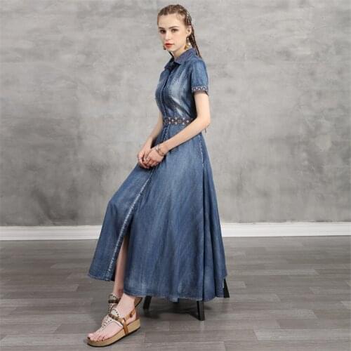 Women‘s Single Breasted Dress 2020 Womens Slim Belt Denim Dresses Lace Turn-down Collar Dress Embroidery Short Sleeve Vestidos
