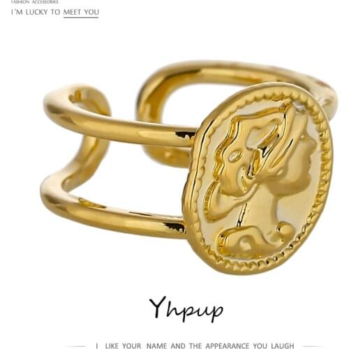 Yhpup Statement Portrait Opening Ring Simple Gold Color Metal Texture Charm Ring for Women Summer Party Gift Jewelry 2020 Bijoux