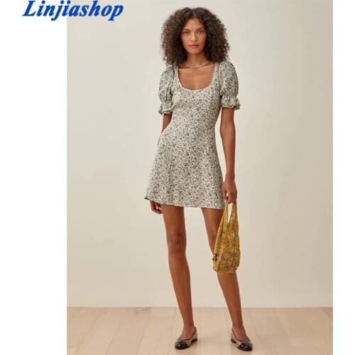 Palace Short Flare Sleeve Women Dress Vintage Floral Print Chiffon Vestidos Sashes Summer Dresses