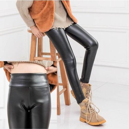 Winter Girls Leggings Kids Thick Velvet Leggings Pencil Pants Children Warm Trousers Faux PU Leather Legging Slim Leather Pants