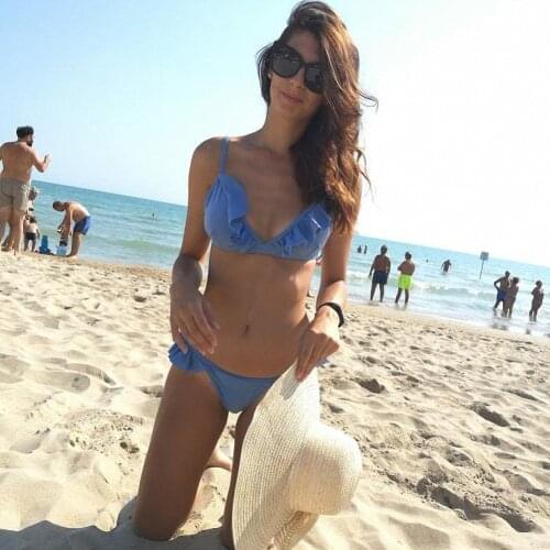 2021 Summer Womens Bikini New Split Bikini Flounce Solid Color Split Bikini Swimsuit Blue and Pink