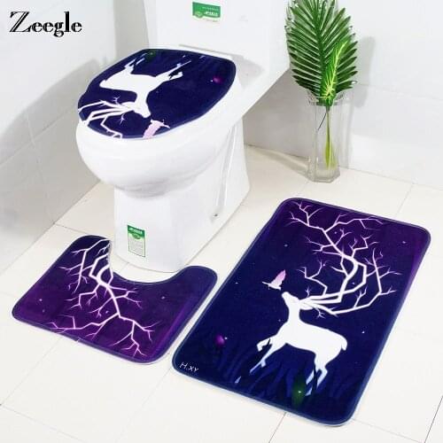 Zeegle 3pcs Bath Mat Set Deer Printed Bathroom Carpet Toilet Mat Absorbent Bathroom Floor Mat Bath Rugs Non-slip Bath Carpet