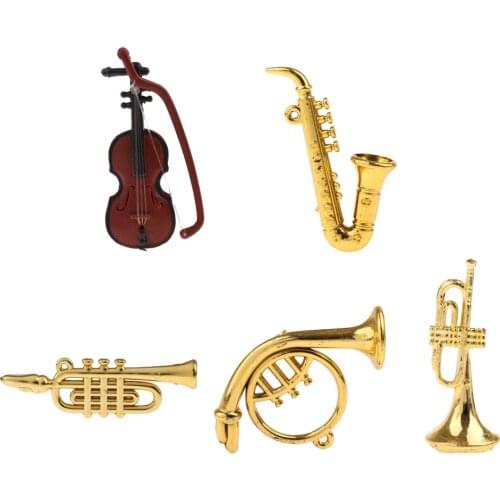 5PCS Miniature Violin/Saxophone/Bend Bass/Tuba/Trumpet For 1/12 Dollhouse Living Room DIY Home Decor