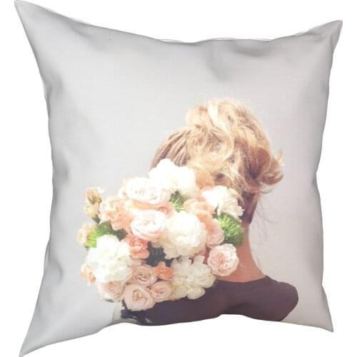 Rose bouquet in hand, beautiful woman decorative cushion cover, figure cushion cover, 45cm linen pillow, residential culture