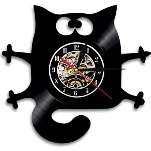 Lovely Cute Cat Vinyl Record Wall Clock Animals Vintage Pet Cat Creative Timepiece Home Decor Art Gift For Cat Lover