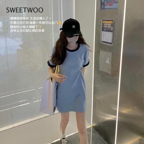 Design Sense Waist T-Shirt Dress Female 2021 Summer New Blue Short-Sleeved Casual Skirt