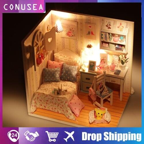 DIY Mini Dollhouse 3D Wooden Kit Miniature Furniture Bed Piano Accessories Doll House For Dolls Girls Boys Room With Dust Cover