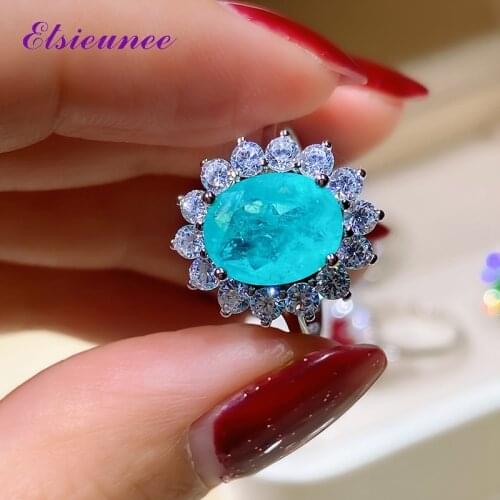 ELSIEUNEE 100% 925 Sterling Silver Simulated Moissanite Paraiba Tourmaline Gemstone Cocktail Party Ring Women Girls Fine Jewelry