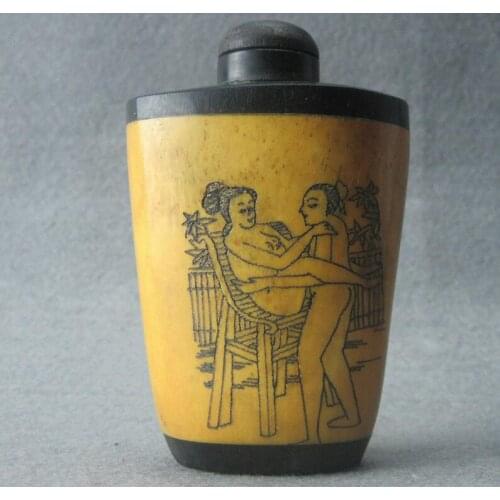 Collection Chinese Master Hand-painted Characters The Story Beauty Women Cattle Bone Snuff Bottle Exquisite Small Bottle