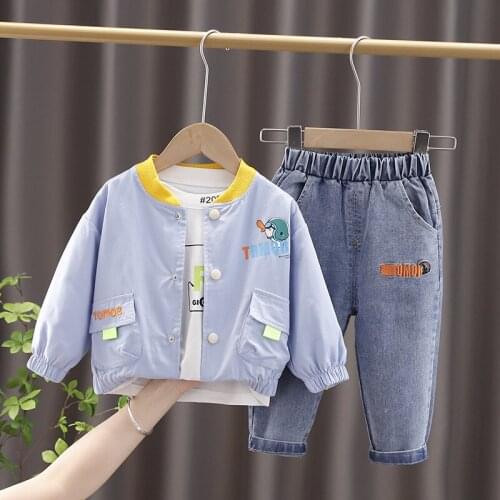 Spring Autumn New Toddler Baby Girls Boys Clothing Sets Infant Cartoon Jacket +Letter T-Shirt+Denim Pants Kids Clothes Outfits