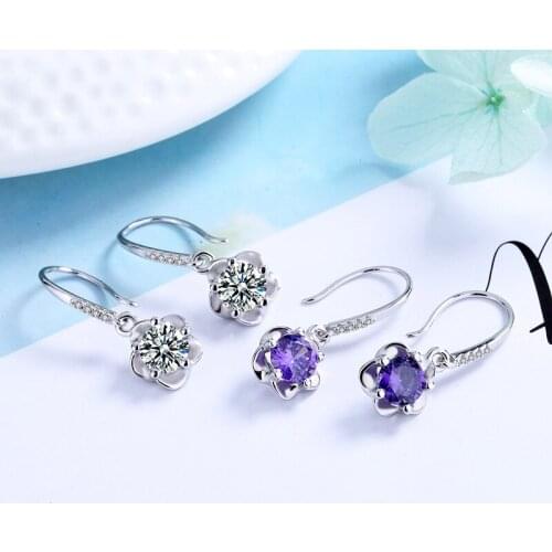 Korean Version of S925 Sterling Silver Female Earrings Petal Clover Diamond Earrings CZ Pendant Rhinestone Jewelry Party Gift