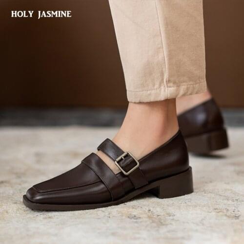 Genuine Leather Loafers Women Shoes Mid Heel Square Toe Ladies Casual Shoes Women Penny Shoes Oxford Shoes for Women 2021 Autumn