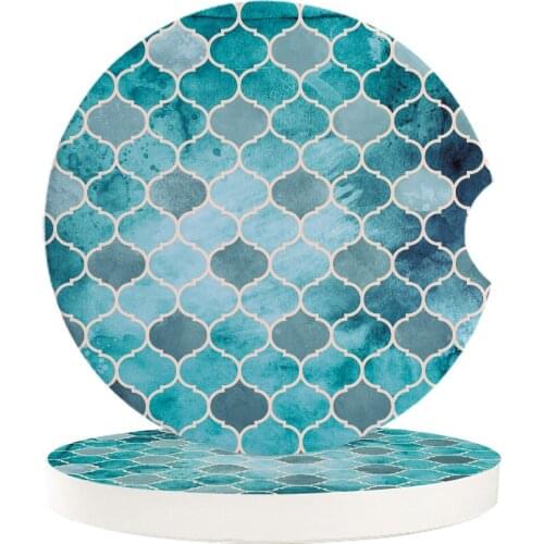 Moroccan Green Geometric Small Round Ceramic Car Coasters Set For Drinks Coffee Tea Beverage Cup Holder