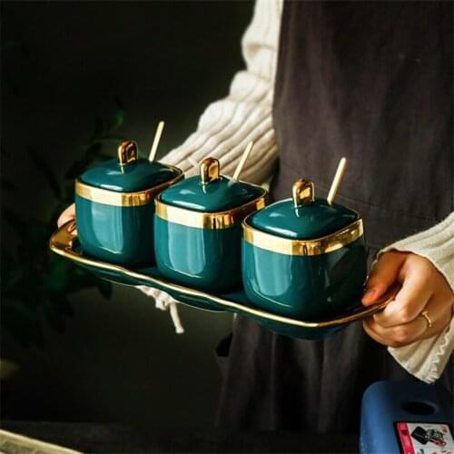 Nordic Light Luxury Emerald Ceramic Sugar Cans Spice Jar Seasoning Box Condiment with Spoon and Lid Pepper Storage Container