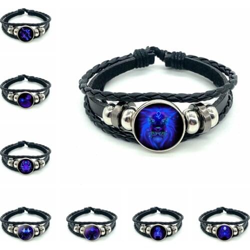 New 12 Constellation Zodiac Black Braided Leather Bracelet Cancer Virgo Libra Woven Glass Dome Jewelry Punk Mens Bracelet