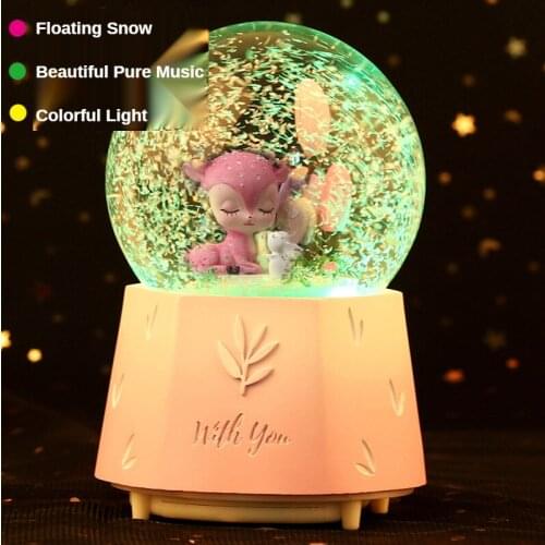 Deer Falling Snow Crystal Ball Night Ligh Cartoon Cute Home Decoration Bedside Lamp Bedroom Girl Birthday Present Gift Music Box