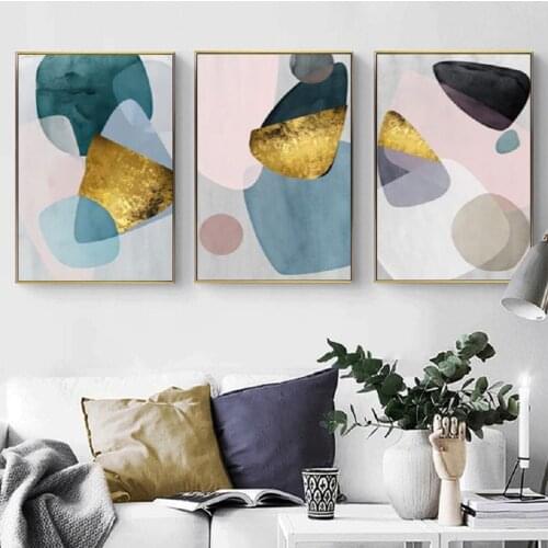 Nordic Golden Pink Abstract Geometric Wall Art Canvas Paintings Girls Room Wall Art Prints and Posters Living Room Home Decor
