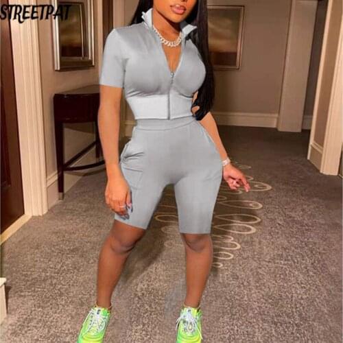 Streetwear Tracksuit 2 Two Piece Sets Womens Outfits Summer Zipper Crop Top Casual Biker Shorts Sets Sport Loungewear Women