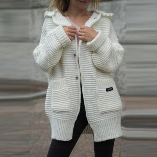 Knitted Lamb Wool Cardigan Womens Sweater Mid-length Loose Hoodie Long Sleeve Sweaters Female 2021 Autumn Lady Causal Cardigans