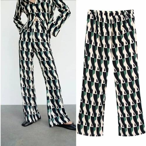 WESAY JESI Womens Clothes Casual Trousers Thin Style Summer Elastic Spliced High Waist Side Pockets Geometric Print Long Pant