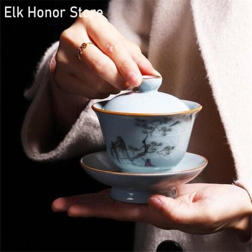 180ml Vintage Kiln Tea Bowl Lid Saucer Set Ceramic Gaiwan Master Porcelain Tea Tureen Drinkware Container Teaware Teapot
