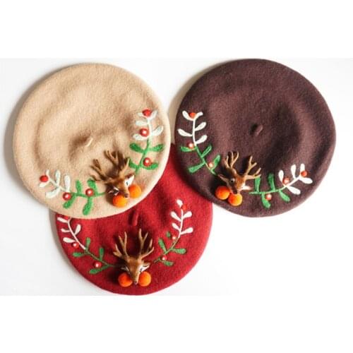 Women Hat Handmade Cartoon Deer Embroidery Felt Beret Creative Retro Artist Painter Berets Birthday Gift Wool Autumn Winter Hats