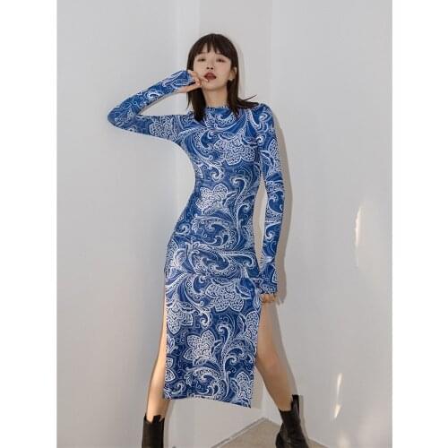BLLOCUE 2020 New Women Chinese Style Printed High Slit Knit Dress Slim Sexy BodyCon Long Dress New Lady
