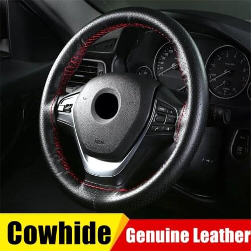 2020 Universal Genuine Leather Steering Weel Cover 38cm DIY Car Steering Wheel Case Hand Braid Soft Cowhide Steering Wheel Cover