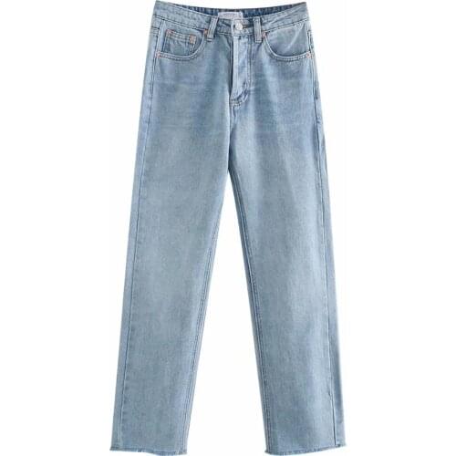 Dave&Di INS high street vintage washed high waist mom high waist jeans woman straight burrs boyfriend jeans for women