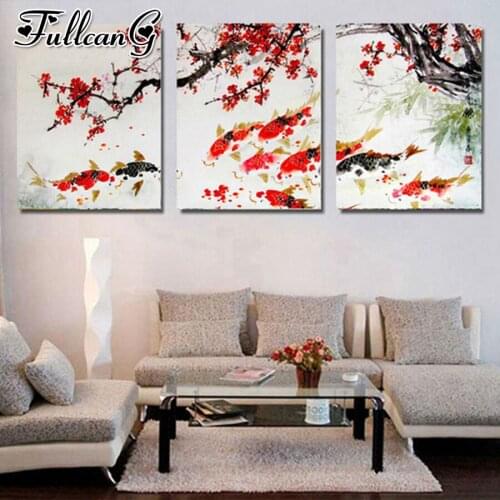 FULLCANG 3pcs diy diamond embroidery plum carp 5d diamond painting triptych full square round drill animals decoration FC2133